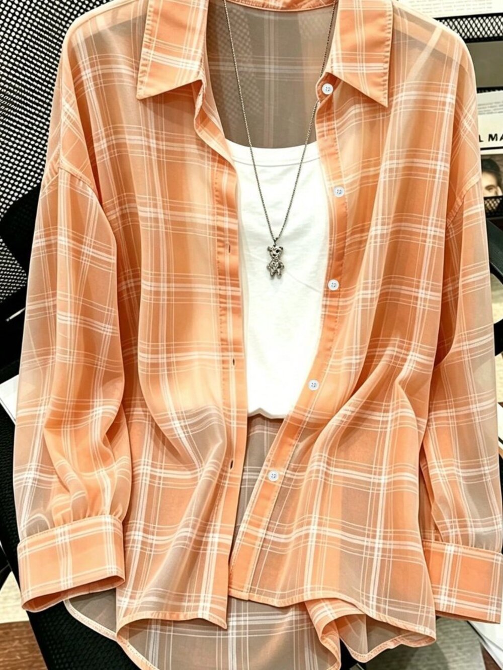 Multicolor Casual Women's Plaid Drop Shoulder Long Sleeve Single-Breasted Shirt